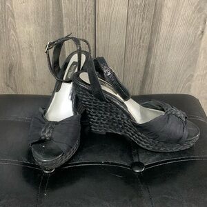 White House Black Market Black Woven 70's Open Toe Wedge Shoes Woman's Size 6.5M